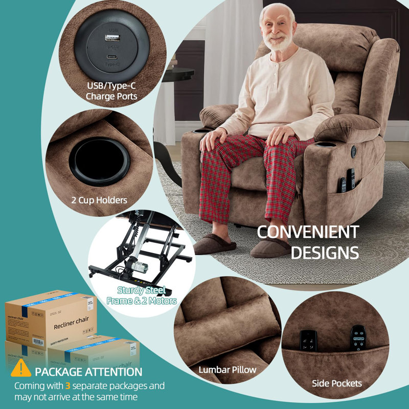 Latitude Run Latitude Run Oversized Dual Motor Lay Flat Power Lift Recliner Chair For Elderly With Heat Massage Large Sleeping Electric Recliner With Extended Footrest Lumbar Pillow Usb Type C Ports P...